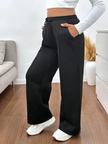 SHEIN Svarta vida casualbyxor för tjejer, matchande, mångsidiga och trendiga för vardagsbruk - Svart - Visa 5