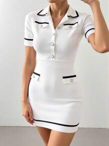 EURMUSE 优雅高领撞色条纹下摆纽扣细节假口袋短袖迷你针织连衣裙 - 黑與白 - 查看 3