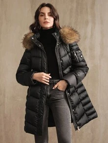 Anewsta Áo khoác cổ lông sang trọng có mũ trùm đầu bằng vải satin, túi khóa kéo kim loại - màu đen - Xem 3