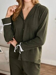 EURMUSE Women 2 Pcs Button Front With Contrast Binding Bow Detail Homewear Set - Dark Green - View 6