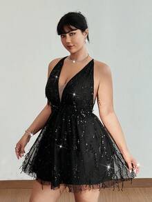 Viva Relle Plus Size Women's Sexy Glamorous Beaded & Sequin Party, Banquet, Wedding Guest Mini Dress, Spaghetti Strap Waist Cinched A-Line Short Dress - Black - View 3