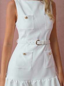 Enchnt Fall/Winter Romantic Women's White Metal Buttons Decor Sleeveless Bubble Hem Cute Mini Dress With Belt,Sweet&Elegant For Vacation&Date&Holiday&Birthday&Party&Graduation&Wedding Guest&Office&Going Out&Halloween&Christmas,Autumn Dresses For Women,Fall Clothes For Women,Autumn Outfits For Women,Back To School - White - View 2