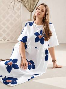 Rosumi 大码夏季优雅花卉印花宽松不对称口袋连衣裙 - 彩色 - 查看 1