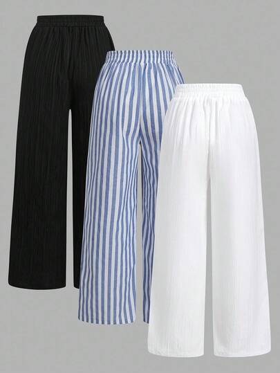 SHEIN Essnce 3pcs Set Black & White Striped Nautical Style Women Casual Waist Tie Pants With Pockets, Straight Leg, Suitable For Summer Vacation Fall Clothes Winter Clothes