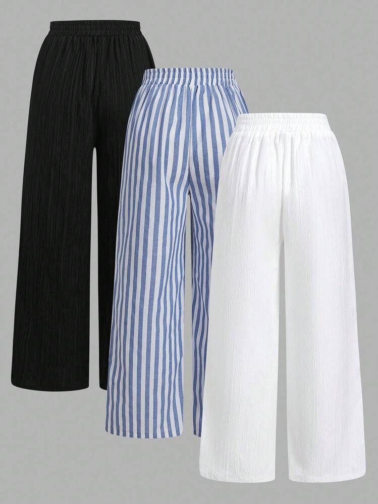 SHEIN Essnce 3pcs Set Black & White Striped Nautical Style Women Casual Waist Tie Pants With Pockets, Straight Leg, Suitable For Summer Vacation Fall Clothes Winter Clothes - Multicolor - View 2