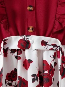 SHEIN 女童玫瑰印花荷叶边下摆收腰 A 字中长连衣裙，春秋