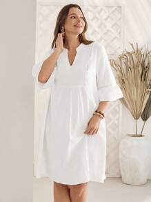Rosumi Plus Size Women White V-Neck Bell Sleeve Casual Dress For Vacation Country Spring Outfits For Women Summer Outfits For Women - White - View 1