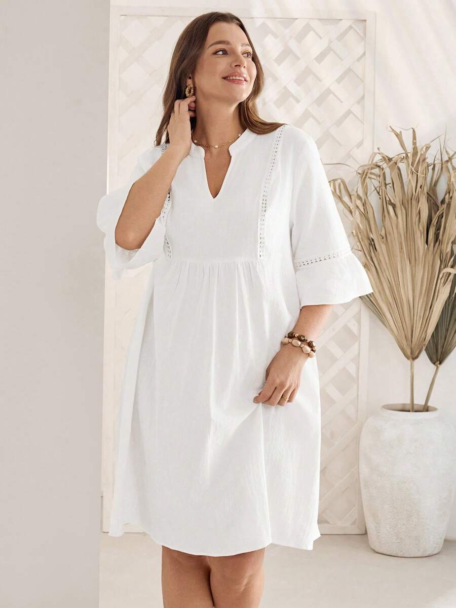 Rosumi Plus Size Women White V-Neck Bell Sleeve Casual Dress For Vacation Country Spring Outfits For Women Summer Outfits For Women - White - View 1