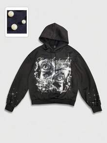 ROMWE MEN Street Life Moletom com capuz masculino com estampa de olho e strass, manga comprida e cordão - Preto - Ver 1