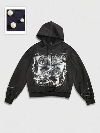 Street Life Herren Augen-Muster Strass-Dekor Langarm Kapuzen-Sweatshirt mit Kordelzug