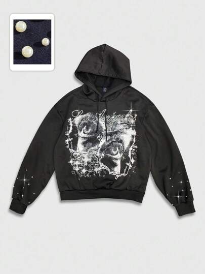 Street Life Men's Eye Print Pearl Decor Long Sleeve Drawstring Hoodie Sweatshirt