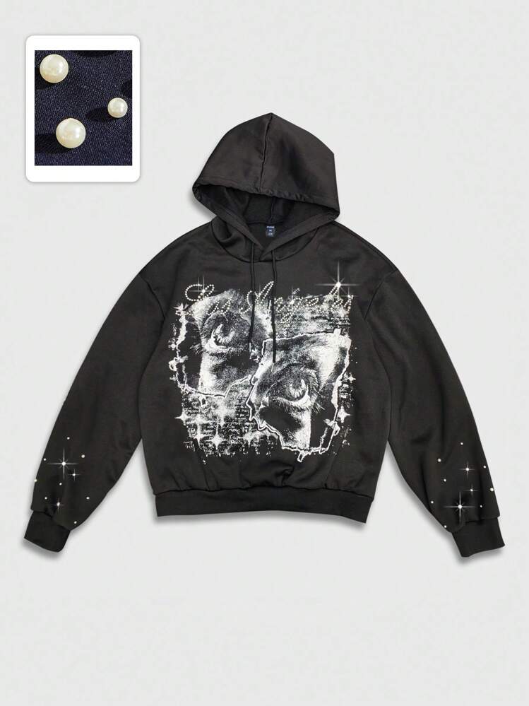 ROMWE MEN Street Life Áo nỉ có mũ trùm đầu tay dài có dây rút đính đá trang trí hình mắt cho nam - màu đen - Xem 1