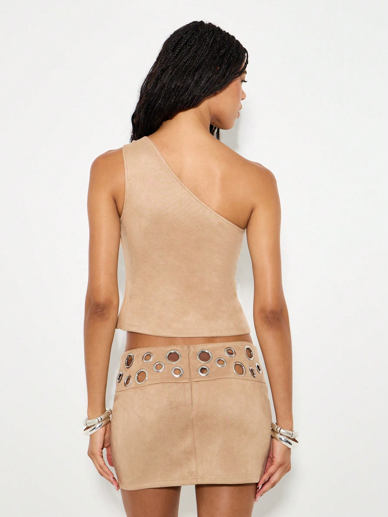 KIZN Suede One Shoulder Top With Metallic Eyelet Design