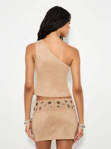 KIZN One Shoulder Suede Top Eyelet Design Party Club Fashion Crop Top Silver Ring Detail Asymmetric Fitted Clubwear Evening Fall Winter Collection