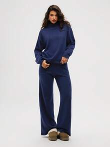 Aloruh 2pcs Women Casual Solid Color Turtleneck Sweater Set In Fall/Winter - Navy Blue - View 2