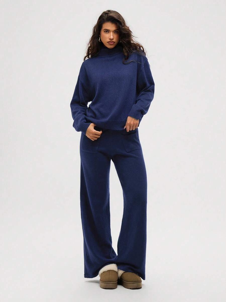 Aloruh 2pcs Women Casual Solid Color Turtleneck Sweater Set In Fall/Winter