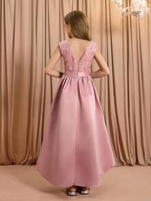 Tween Girls' Elegant Luxurious Pink Round Neck Midi Dress, Suitable For Party, Banquet, Evening, Wedding, Flower Girl, Prom, Holiday, Back To School, Graduation, Travel, Christmas, Halloween And Other Occasions - Pink - View 2