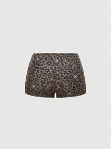 ROMWE Grunge Punk Y2K Leoprint Pailletten glänzendes kurzes Camisole-Top & Spitzenbesatz Super Mini Shorts 2-teiliges Set, für Musikfestivals, Partys, Clubs - Schwarz - Übersicht 6