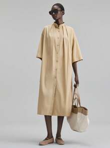 Ontre 2025 秋季女士纯色褶皱落肩长袖单排扣休闲宽松长裙，优雅女士度假装、海滩装、音乐节装、教师装、商务休闲办公装 - 卡其色 - 查看 5