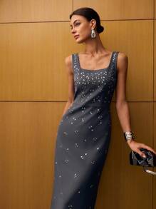 MOTF PREMIUM LUXURY HANDCRAFTED RHINESTONE EMBELLISHED MID-LENGTH DRESS - Dark Grey - View 6