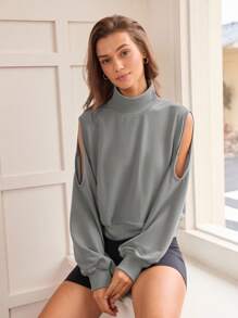 Hanevo Grey Off-Shoulder High Neck Long Sleeve Ribbed Criss-Cross Sweatshirt For Women - Grey - View 3