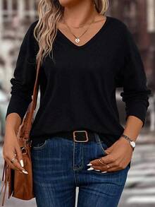 EMERY ROSE 女士休闲V领长袖百搭T恤，加大码，秋冬 - 黑色 - 查看 7