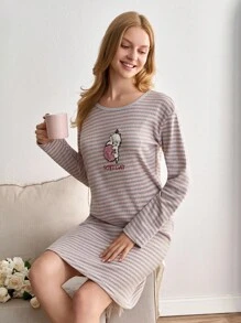 EURMUSE 女士 PLUS CURVE 棉质罗纹针织可爱猫咪刺绣长袖条纹睡衣裙 - 彩色 - 查看 1