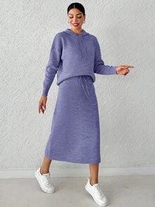SHEIN Cottnline Ladies' Solid Color Drawstring Hooded Sweater And Knitted Skirt Two Piece Set - Lilac Purple - View 5