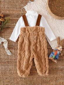 SHEIN 2pcs Baby Girl 2025 Autumn/Winter Long Sleeve Knitted Pure White Sweater + Khaki Fleece Jumpsuit Set - Khaki - View 2