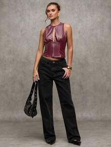 SHEIN BAE Chaleco de mujer con cremallera delantera calada, de verano - Burdeos - Ver 7