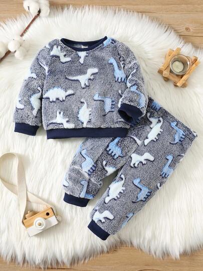 SHEIN Baby Boy Cute Dinosaur Pattern Crew Neck Long Sleeve & Long Pants Soft Flannel Pajama Set, Autumn/Winter Fall