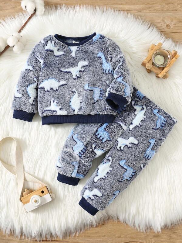 SHEIN Baby Boy Cute Dinosaur Pattern Crew Neck Long Sleeve & Long Pants Soft Flannel Pajama Set, Autumn/Winter Fall