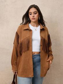Juhart Plus Size Women's Brown Casual Minimalist Collar Patchwork Fringe Jacket Winter Fall Autumn - Brown - View 4