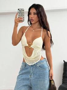 SHEIN PETITE Áo yếm hở lưng khoét lỗ kim loại bất đối xứng thời trang nữ - Màu be - Xem 6