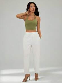 SHEIN PETITE 100 % bomull, bekväma, andningsbara, avsmalnande byxor med fickor för kvinnor - Vitt - Visa 3