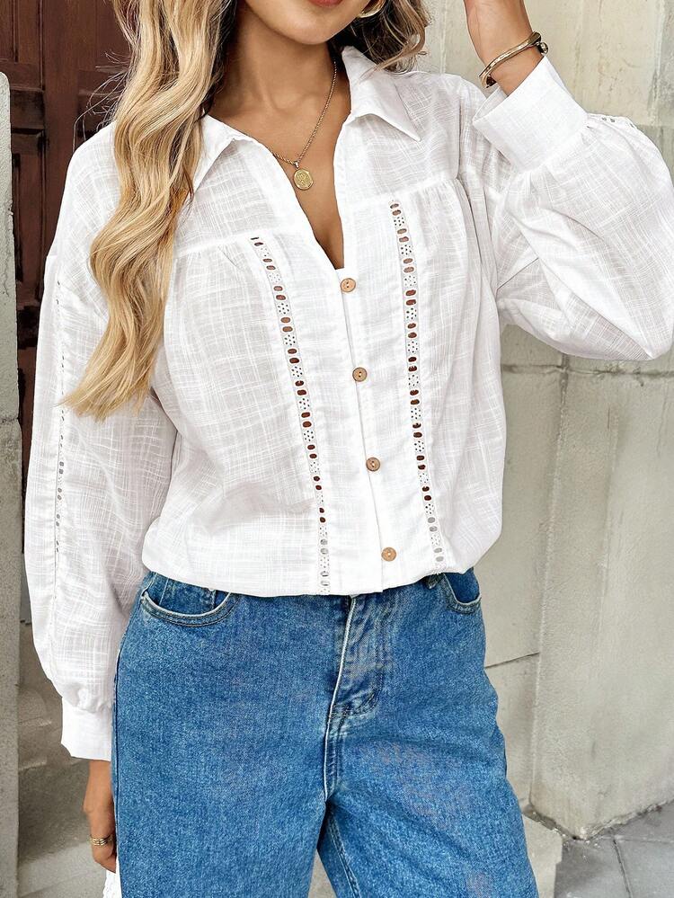 INAWLY Women's Summer Hollow Lace Stitching Solid Color Shirt Fall Cloth For Women - White - View 4