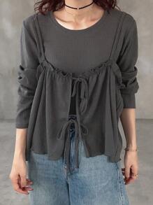 FRIFUL Women's Casual Solid Color 2 In 1 T-Shirt,Fall Women Clothes Cinched Waist Top Waffle Knit Top Dark Grey Top Ruched Top Drawstring Top Long Sleeve Top - Grey - View 5