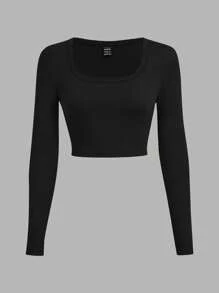 SHEIN EZwear Bộ 3 áo thun tay dài bó sát cổ chữ U màu đen, thích hợp cho mùa thu/đông - Nhiều màu - Xem 7