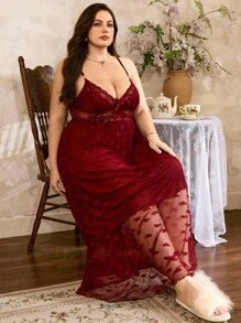 SHEIN 加大码勃艮第红色蕾丝性感细肩带长睡袍