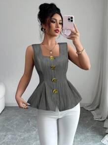 Elenzga Summer New Arrival French Elegant Fashion Big Metal Button Backless Tie Sleeveless Solid Color Blouse For Women - Dark Grey - View 6