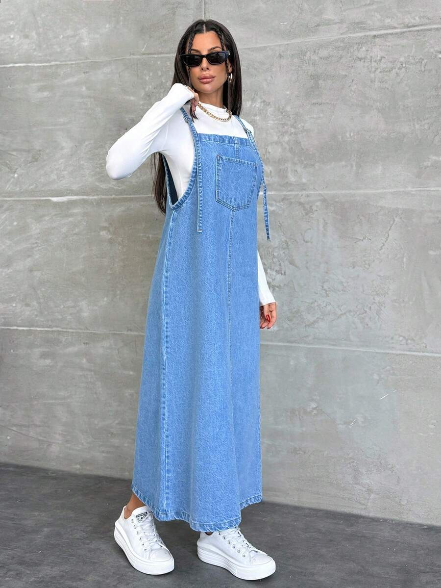 EURMUSE WOMEN LONG DENIM DRESS POCKET DETAILED - Medium Wash - View 1