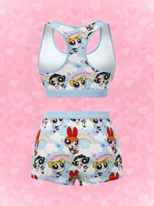 THE POWERPUFF GIRLS X SHEIN 女士可爱花朵、泡泡、毛茛图案编织肩带内衣套装 - 藍色 - 查看 6