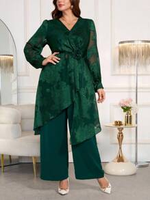Ellevyn Bộ 2 món đồ tay dài bằng vải chiffon cỡ lớn, trang phục thu đông cho nữ, trang phục mùa đông cho nữ, trang phục buổi tối hẹn hò, trang phục đi chơi buổi tối cho nữ, trang phục buổi tối hẹn hò - Màu xanh lá cây đậm - Xem 6