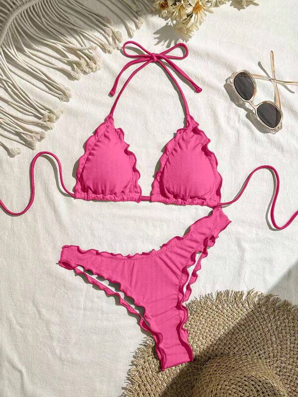 Swim Mod Damen Urlaub sexy einfarbiges Bikini-Set mit hoher Elastizität und Rüschenkante