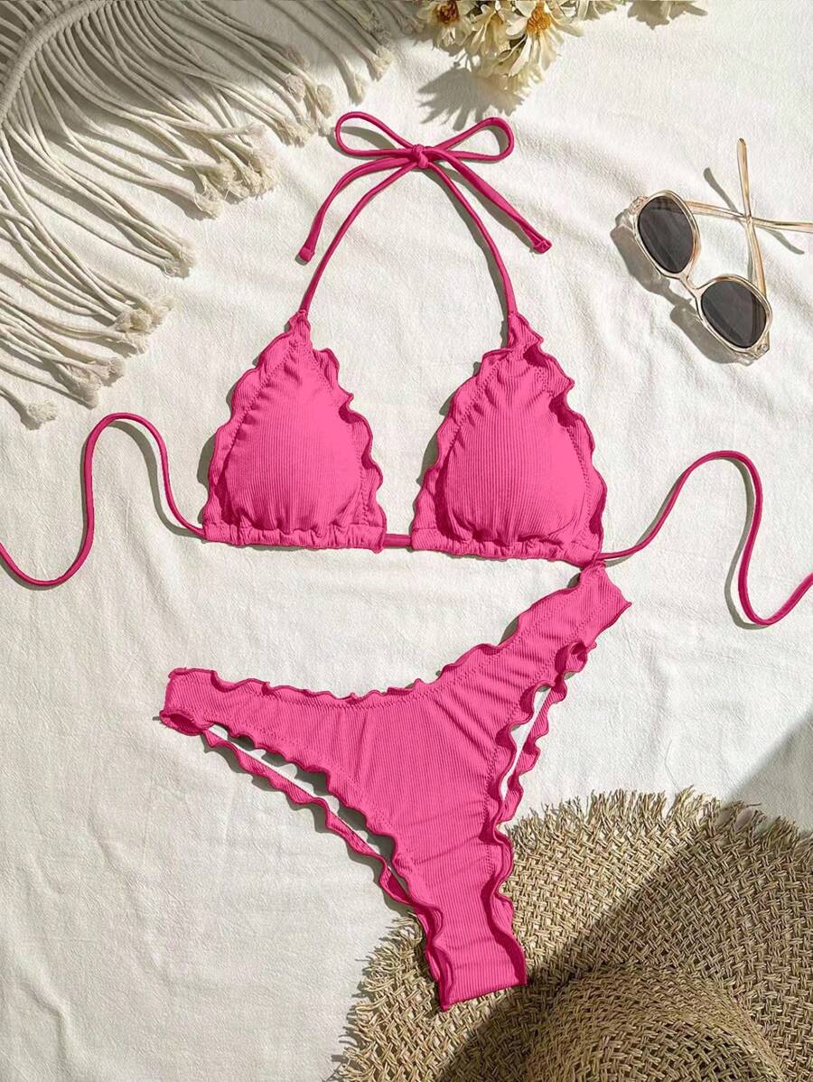 Swim Mod Bộ bikini ren viền xếp nếp co giãn cao gợi cảm cho kỳ nghỉ của phụ nữ - Màu Hồng Tươi - Xem 1