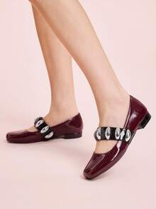 CUCCOO DOLLMOD Zapatos de mujer de tacón bajo con puntera cuadrada roja a cuadros, estilo japonés lindo para el campus - Burdeos - Ver 3