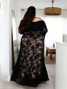 Pretty and Ole Đầm ren ôm sát hở vai cổ bèo nhún - màu đen - Xem 2