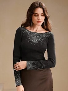 Anewsta Elegant French Style Dignified Demeanor Embellished With Rhinestones Off Shoulder Wool Sweater, Autumn/Winter - Black - View 4