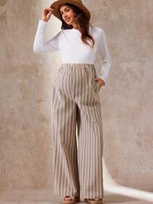 Boho Mama 可调节腰带条纹口袋孕妇宽腿宽松休闲裤 - 杏色 - 查看 3