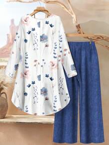 Rusticease 2 件套女士休闲花卉图案宽松圆领长袖上衣和裤子套装，适合秋夏季